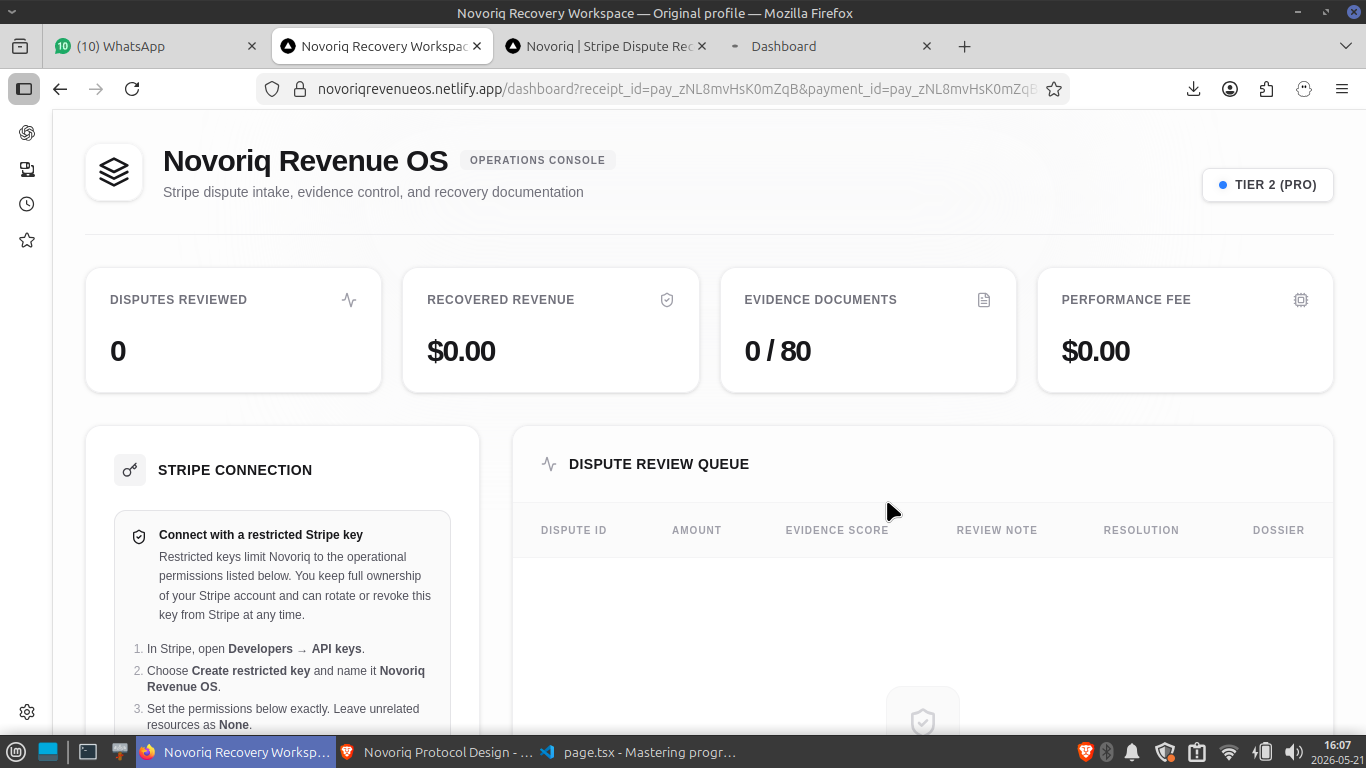Novoriq operations dashboard with Stripe connection and dispute review queue
