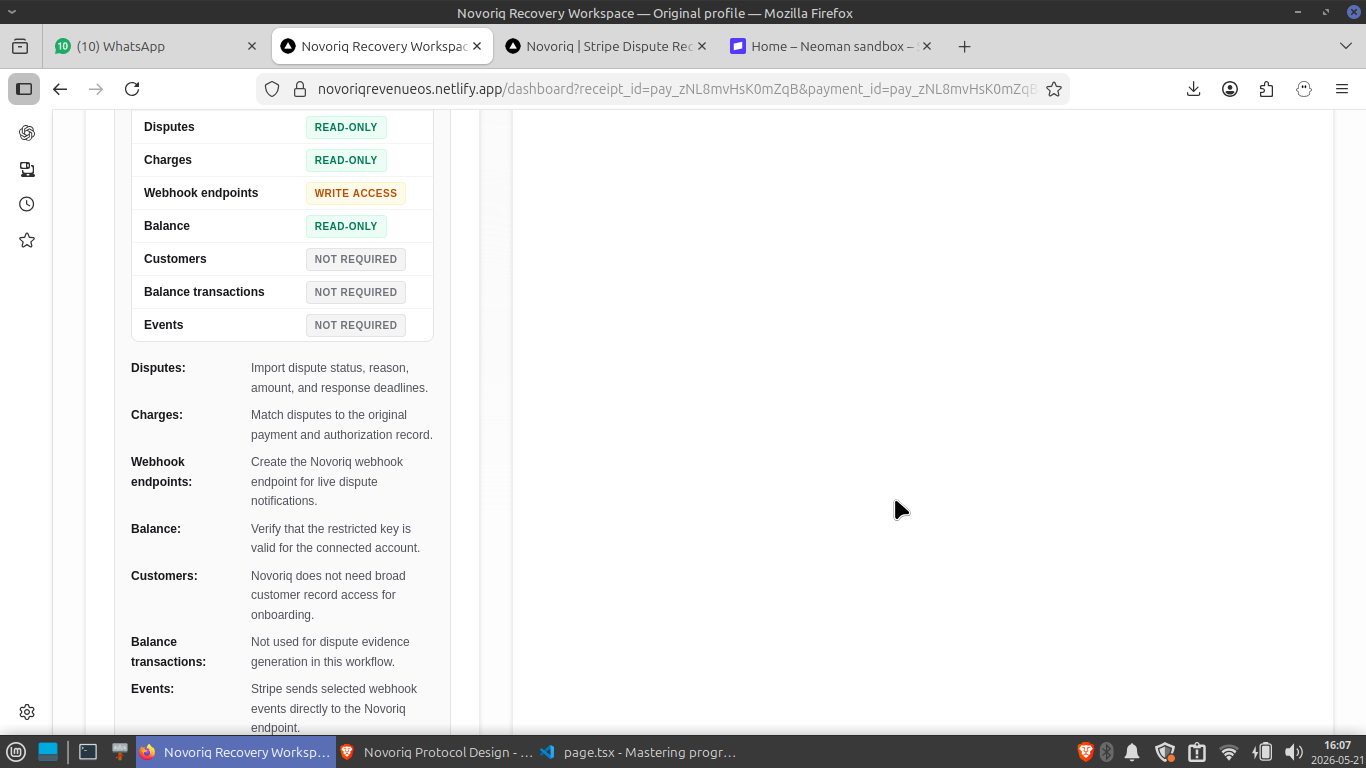Restricted key permission matrix showing scoped Stripe access for Novoriq onboarding