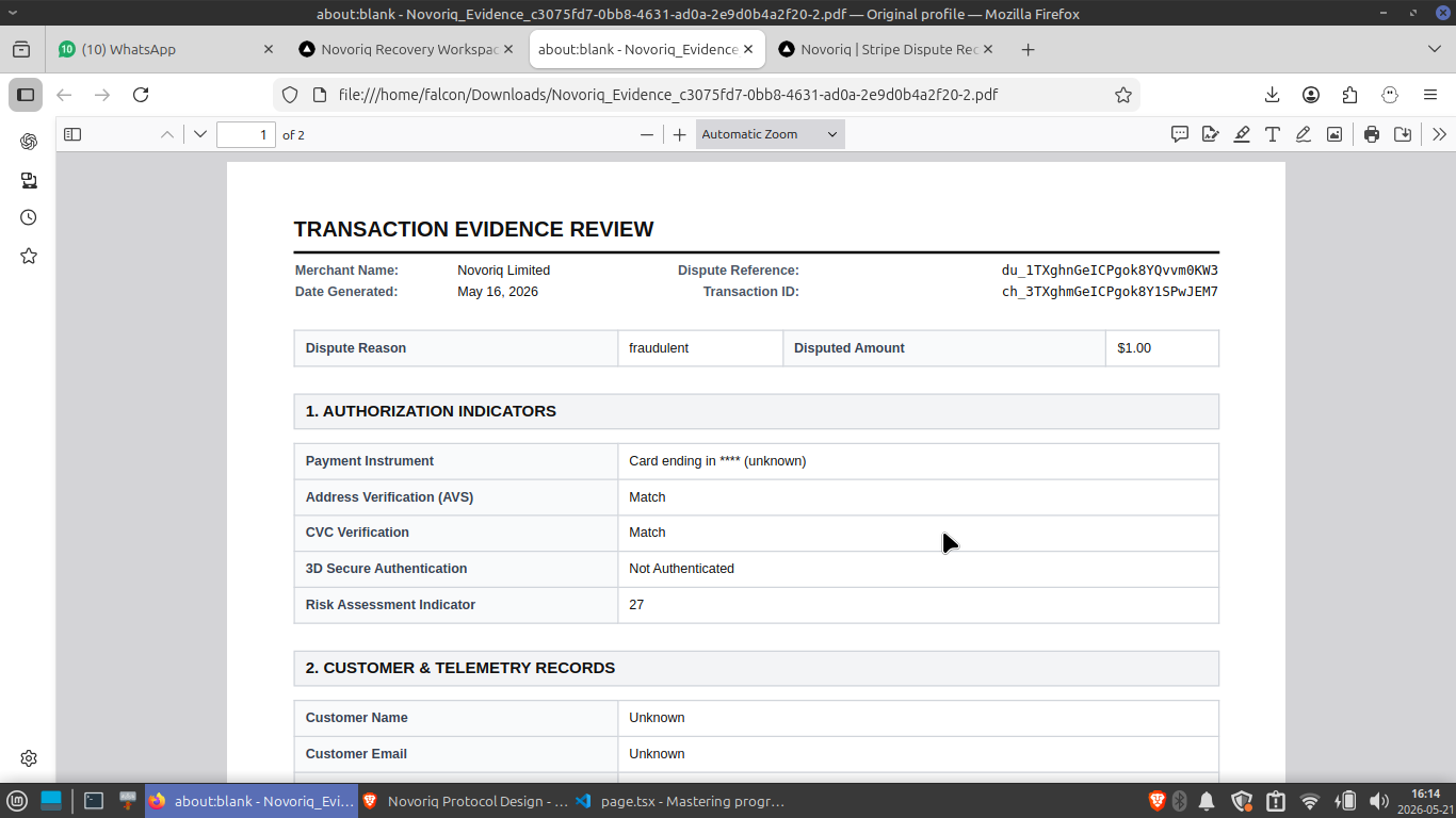 Evidence PDF preview showing authorization indicators and customer telemetry records
