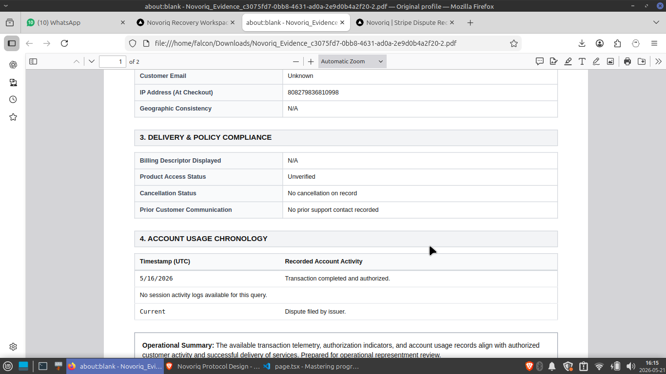 Evidence PDF preview showing delivery compliance and usage chronology
