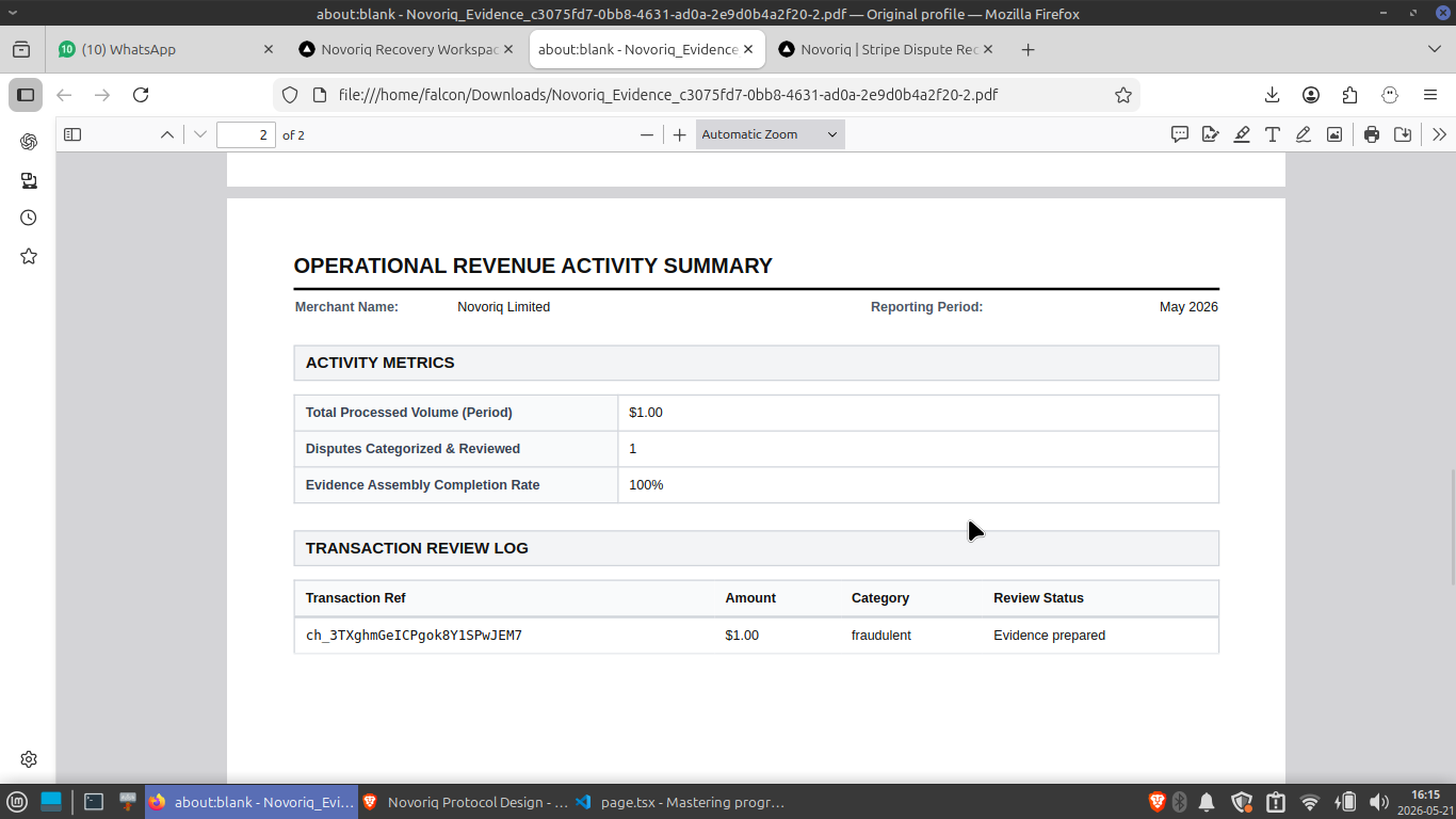 Evidence PDF preview showing revenue activity summary and transaction review log