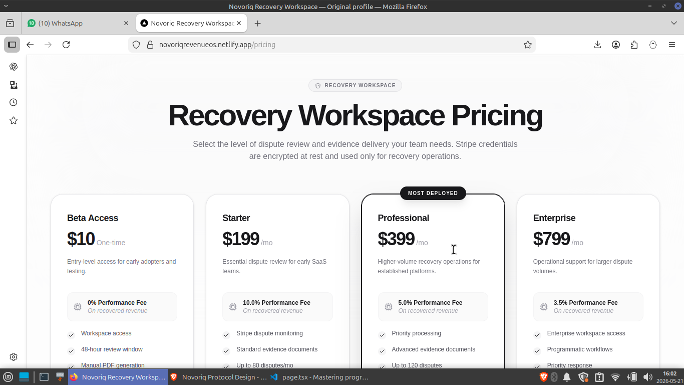 Novoriq pricing preview with recovery workspace tiers